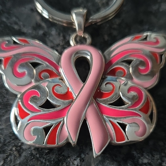 Brighton "Pink Ribbon" Butterfly Enamel Metal Purse Charm Keychain Fob - Picture 2 of 7